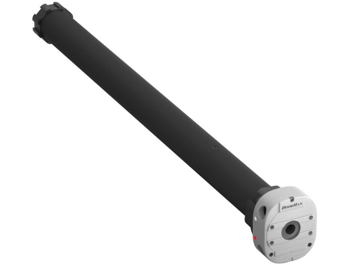 Obraz na stronie internetowej przedstawia elegancki, czarny cylindryczny mechanizm z szarym końcem, który obejmuje okrągły element ozdobiony subtelnymi czerwonymi akcentami. Ten element jest prawdopodobnie integralną częścią naprawy lub obsługi bram, rolet i barier w Warszawie.