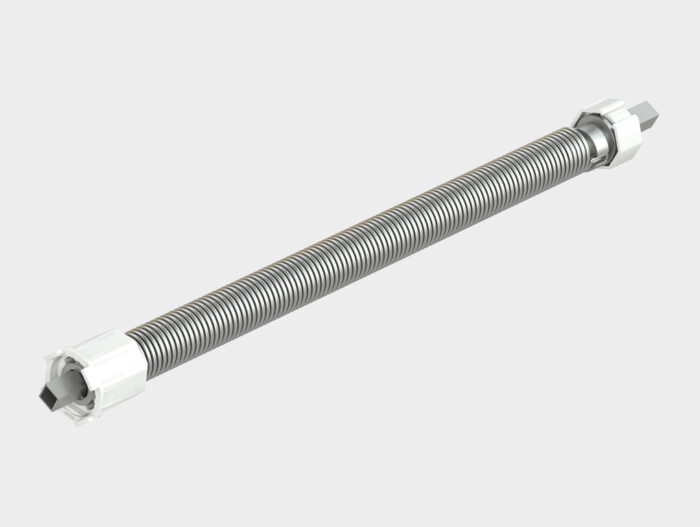 Новинки1_ROL Obraz na stronie internetowej przedstawia metalowy pręt sprężynowy z sześciokątnymi końcami, z białymi plastikowymi okuciami na każdym końcu. Pręt jest umieszczony na prostym szarym tle, co podkreśla jego solidną konstrukcję i szczegółową konstrukcję, nadającą się do usług naprawy bram, rolet i barier w Warszawie.