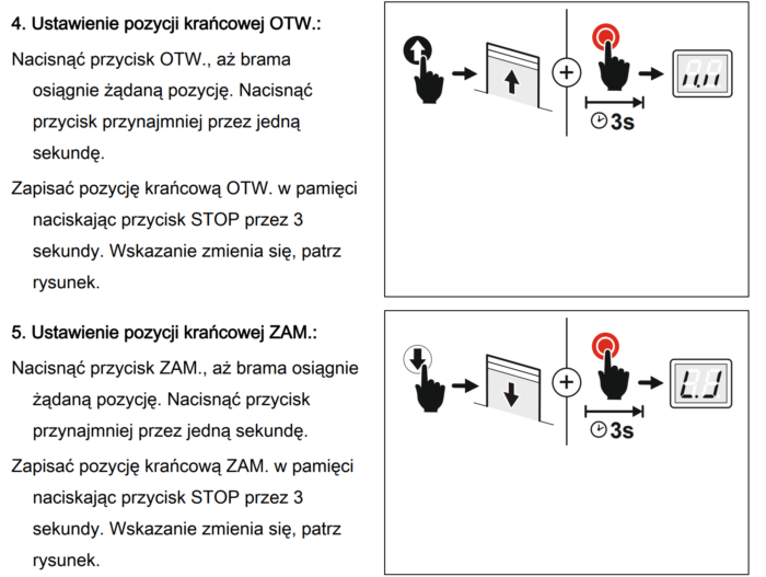 Снимок экрана 2024-08-10 165627 Obraz na stronie internetowej zawiera przewodniki wizualne krok po kroku dotyczące ustawiania pozycji otwartej (OTW) i zamkniętej (ZAM) bramy. Zawiera wyraźne ilustracje pokazujące, które przyciski nacisnąć, strzałki wskazujące ruch bramy oraz grafikę timera sugerującą zmiany czasu. Instrukcje są przedstawione w języku polskim, co czyni je przyjaznymi dla lokalnych klientów szukających pomocy w ustawieniach bramy w Warszawie.