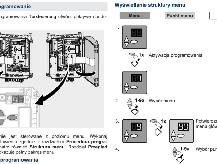 Снимок экрана 2024-08-10 165744 Strona zawiera schemat instruktażowy programowania urządzenia związanego z konserwacją bram, rolet i szlabanów w Warszawie. Schemat przedstawia instrukcje krok po kroku w języku polskim, którym towarzyszą szczegółowe wizualizacje, które wyróżniają komponenty urządzenia i prowadzą przez nawigację po menu. Zawiera klawisze strzałek przedstawione w celu bezproblemowego wyboru menu i potwierdzenia.